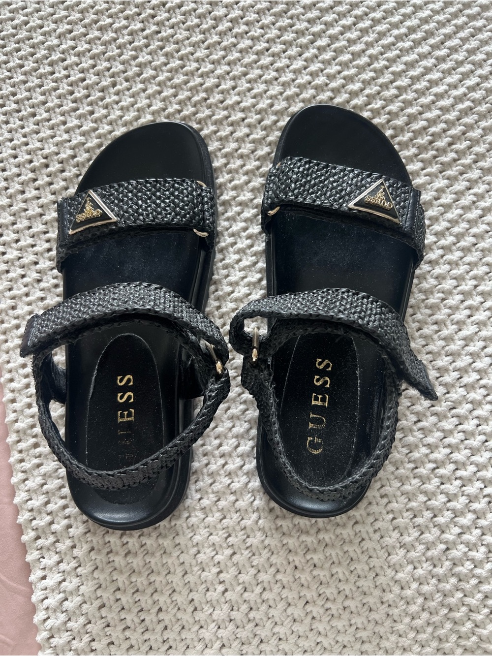 GUESS Black Braided Strap Womens Sandals with Gold Logo